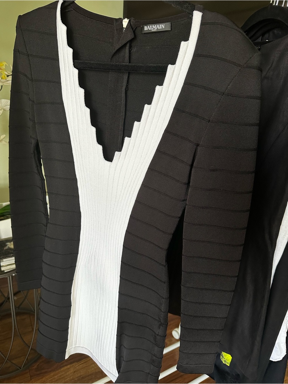 Balmain Black and White Ribbed V-Neck Sweater